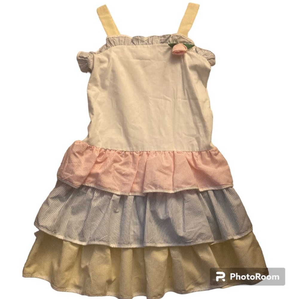 Vintage Kids Dress with Pink, Blue, and Yellow Stripes
